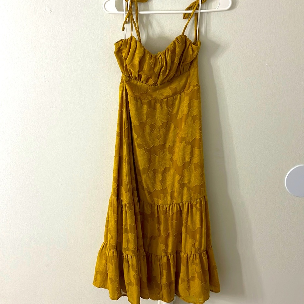 Lulus Mustard Yellow Floral Tie Strap Dress